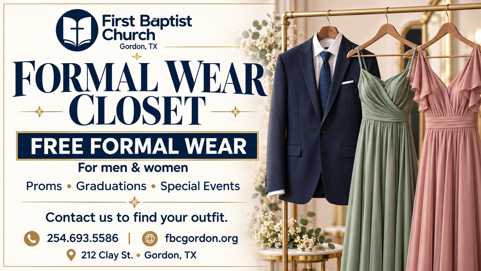 A suit and formal dresses representing the free FBC Gordon Formal Wear Closet